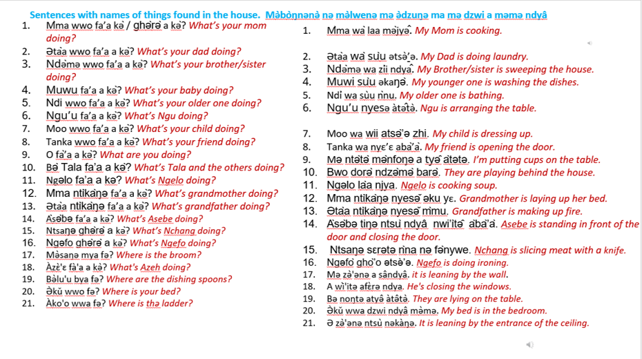 Sentences with names of things found in the house