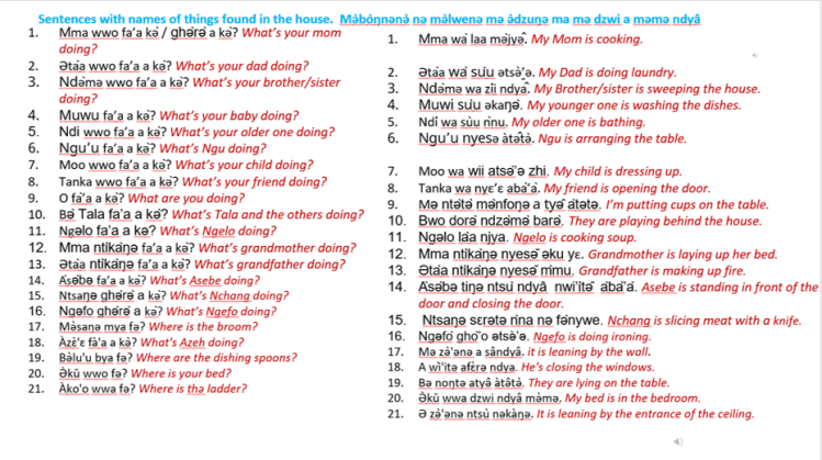 Sentences with names of things found in the house