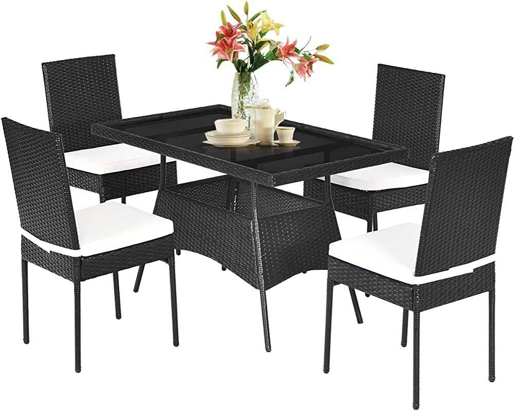 Tangkula 5 Piece Patio Wicker Dining Set, Outdoor Rattan Table and Chairs with w/Tempered Glass Table Top & Padded Cushions, Wicker Patio Conversation Furniture Set for Balcony Patio Garden Poolside